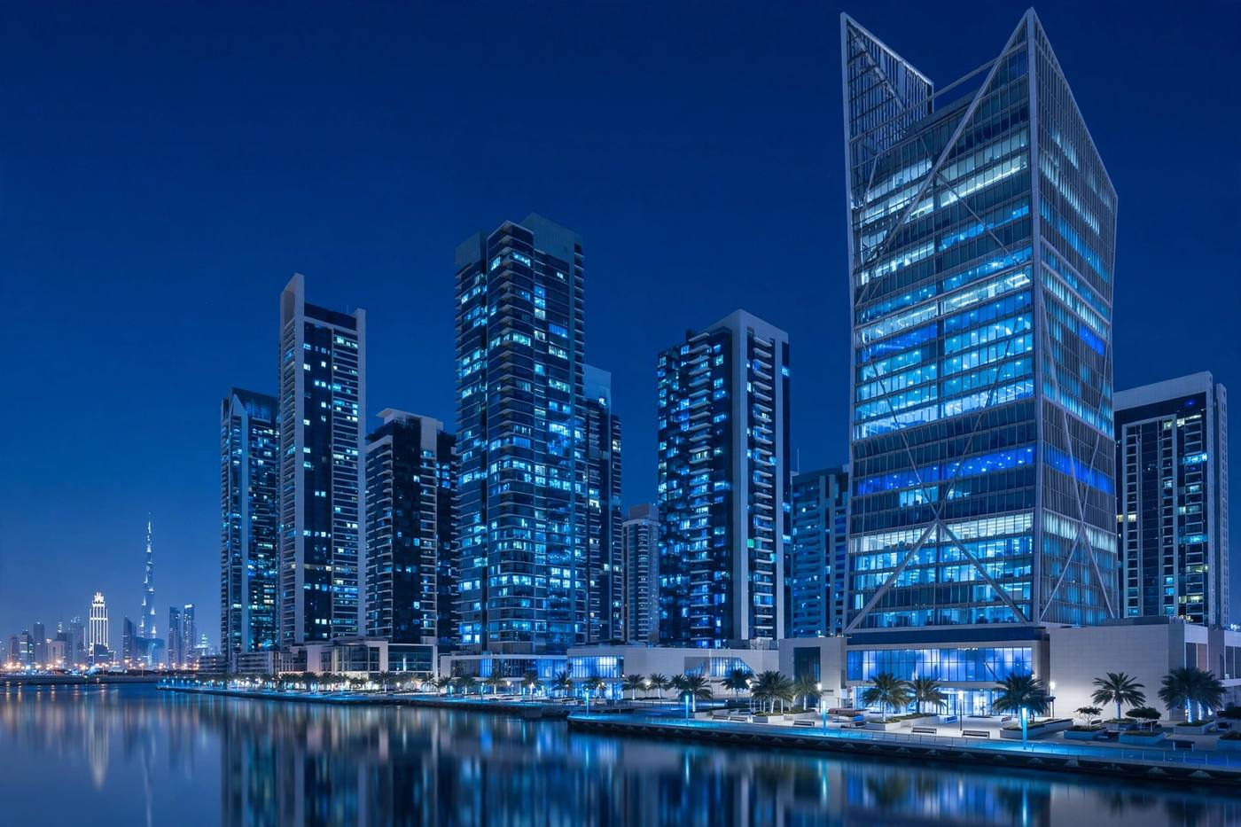 Dubai business towers at blue hour